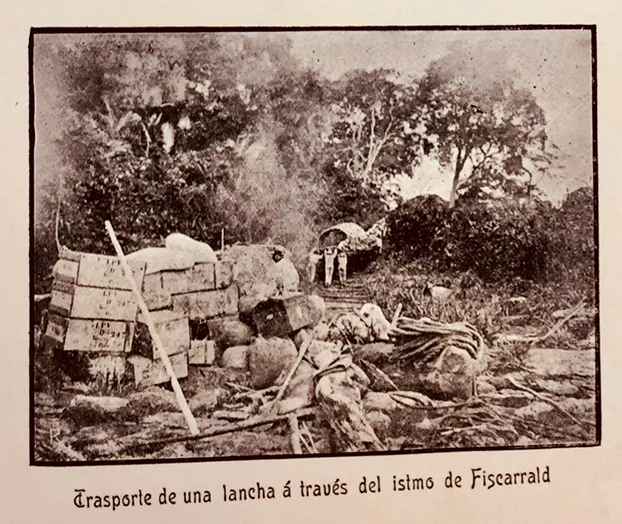 Transportation of a boat through the Istmo of Fitzcarrald.